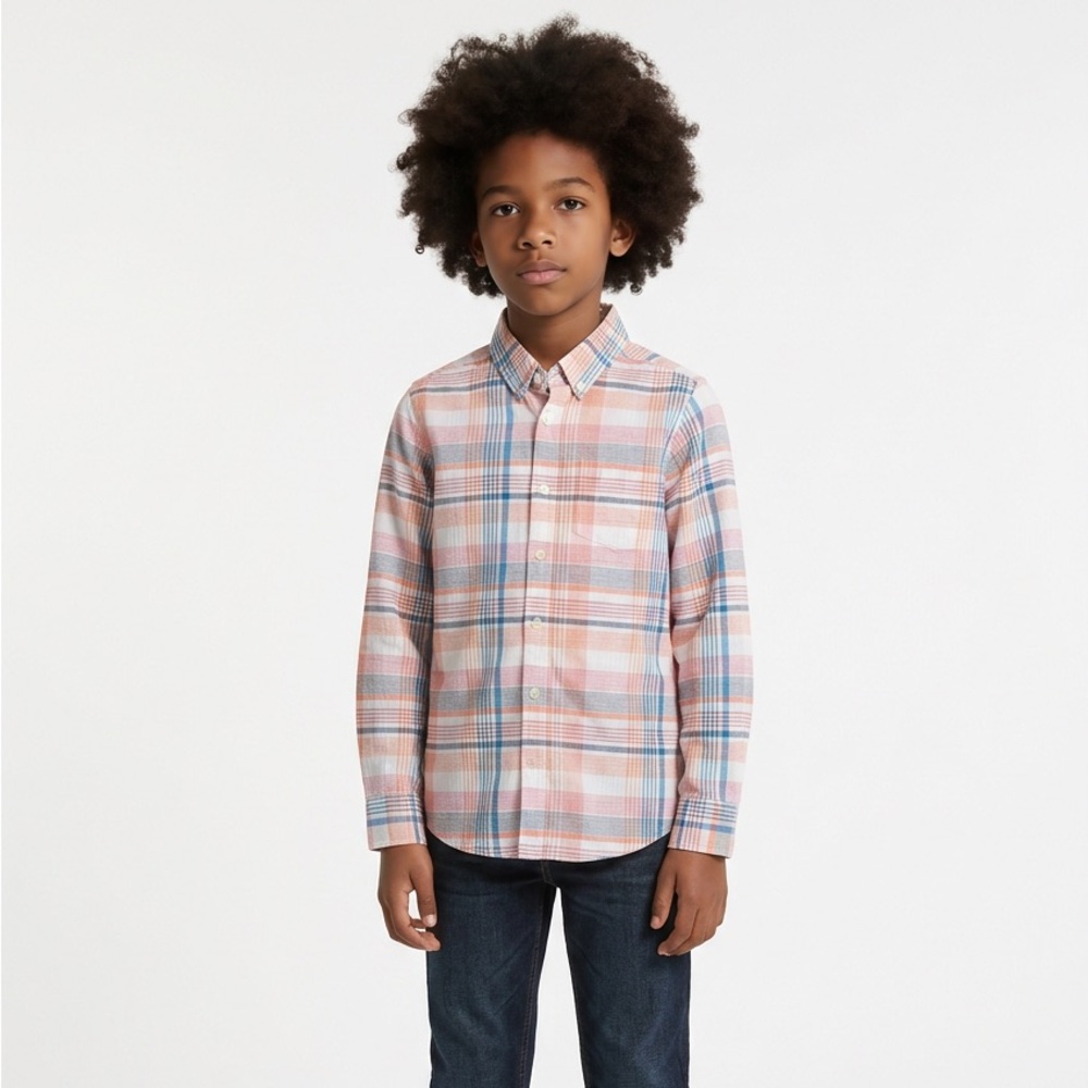 Boys Lands' End Plaid Button Down Shirt XL Orange Blue Preppy Classic Ivy League